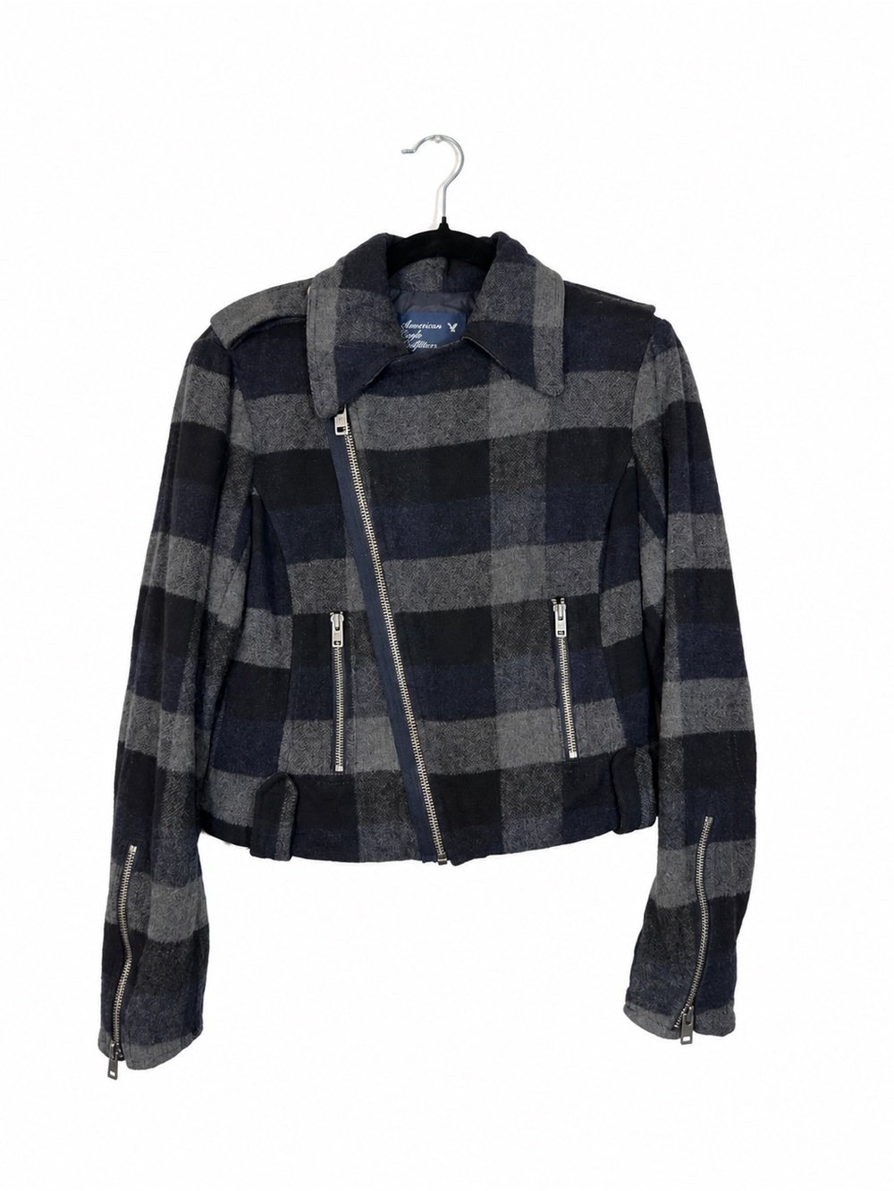 American Eagle Women's Wool Blend Moto Jacket Size M Plaid Preppy Fall Layering
